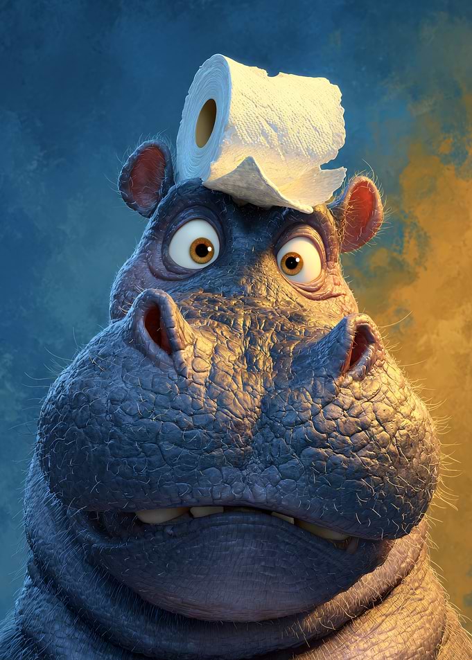 Hippo with Toilet Paper on Head