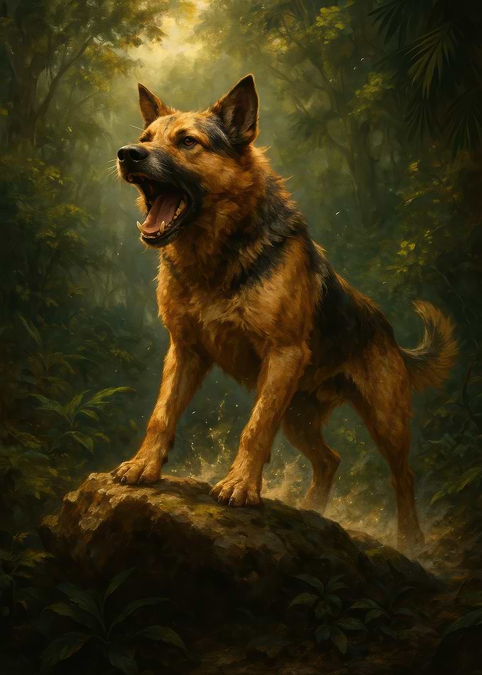 German Shepherd Dog Roaring in Forest