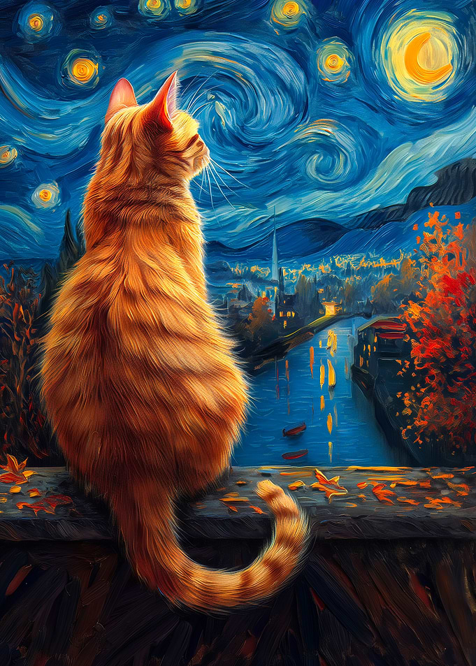 Cat gazing at Starry Night scenery