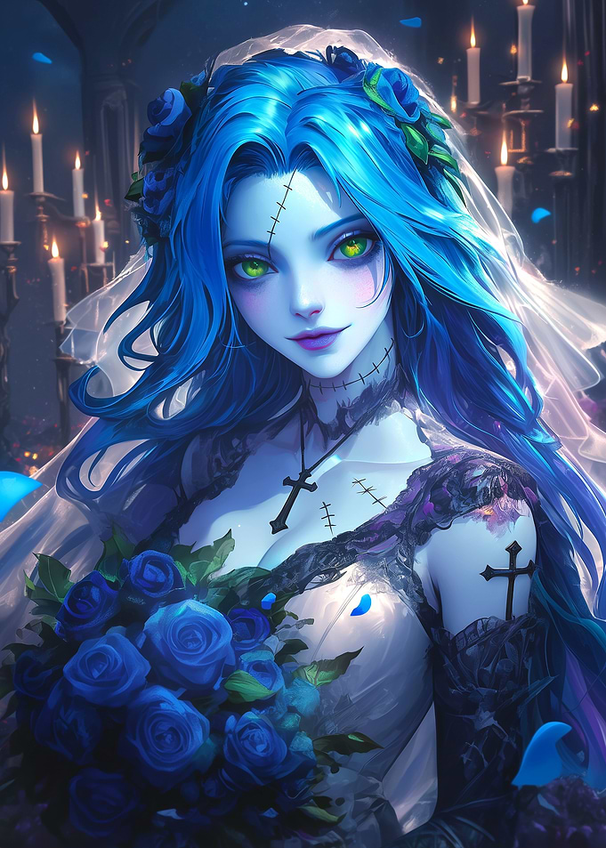Blue-Haired Corpse Bride with Roses