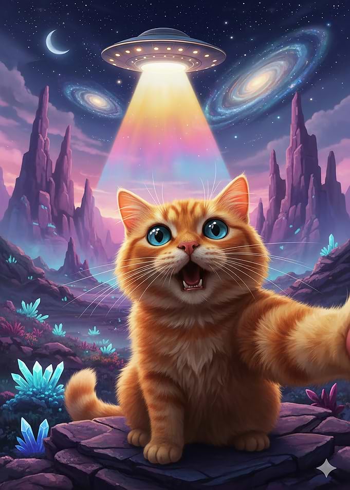 Cat selfie with UFO abduction