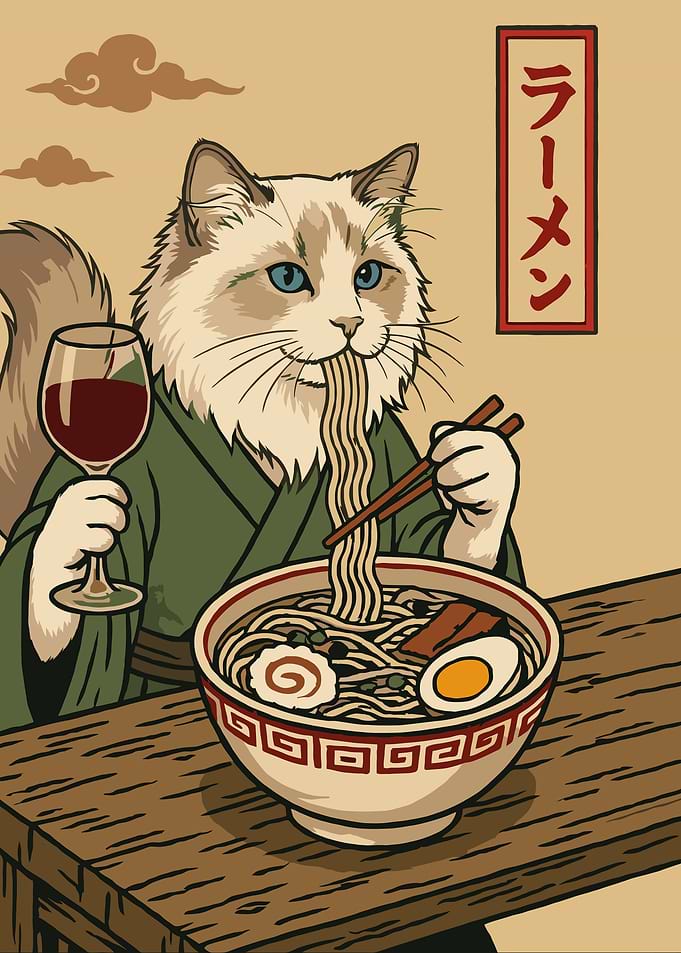 Cat Eating Ramen with Wine
