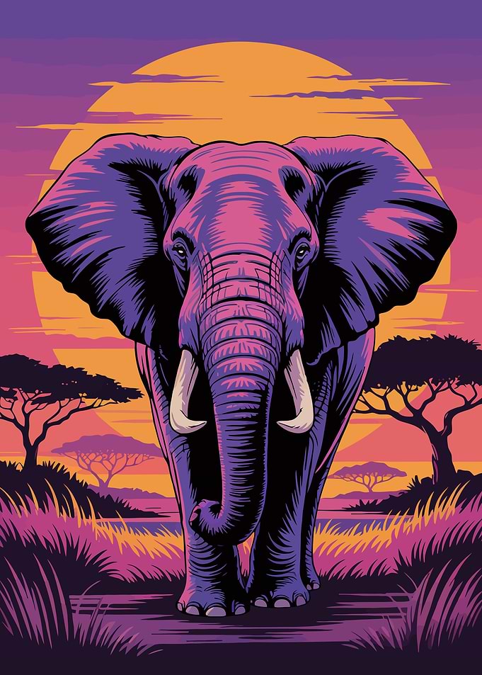 Elephant in African Sunset Illustration