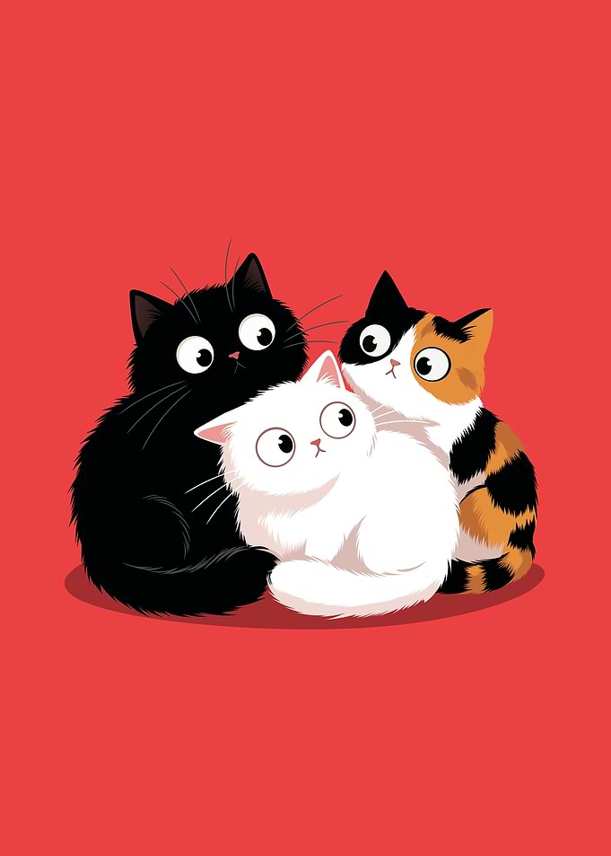3 Cats on Red Background