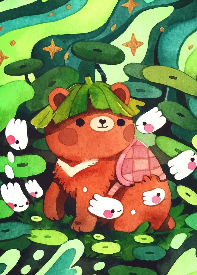 Cute Bear and Turtle Watercolor Illustration