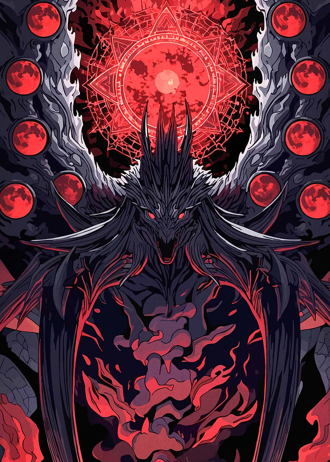 Dark Fantasy Dragon with Red Moons