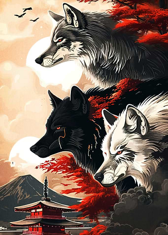 Three Wolves and Japanese Landscape