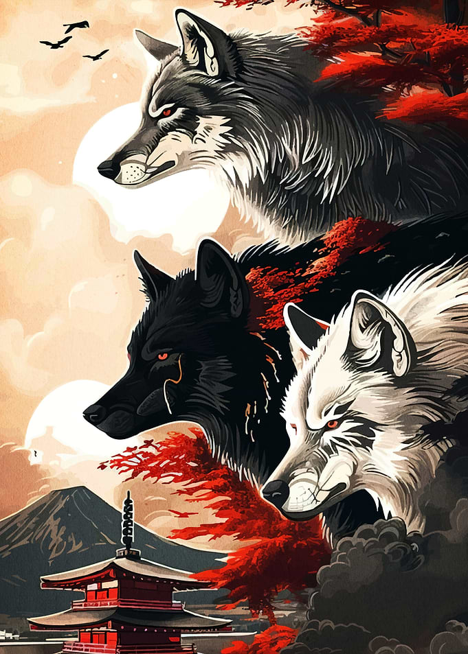 Three Wolves and Japanese Landscape