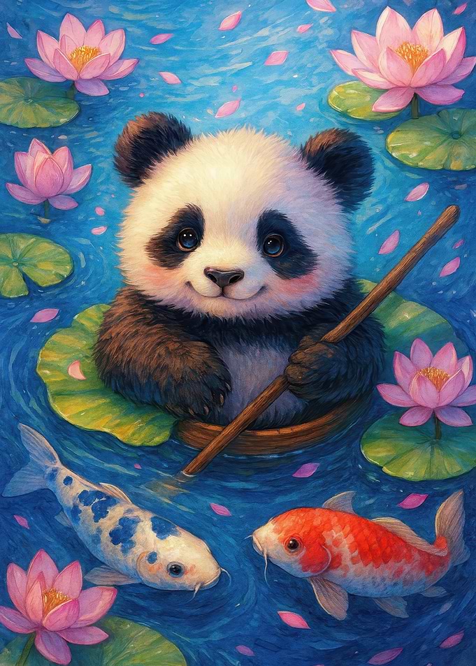Panda in a Boat with Koi