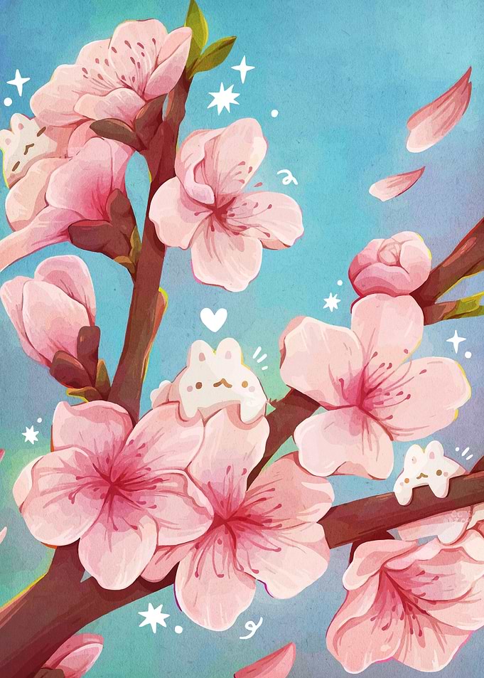 Cherry Blossoms and Cats Illustration