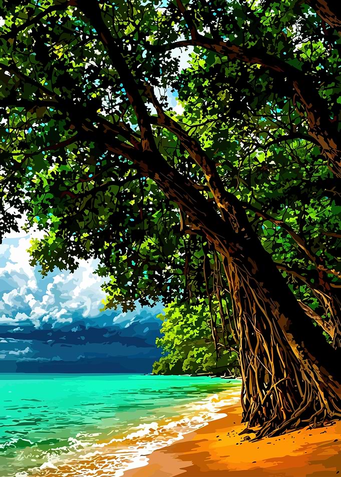 Tropical Beach with Lush Trees
