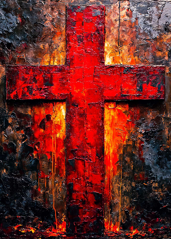 Fiery Abstract Red Cross Art