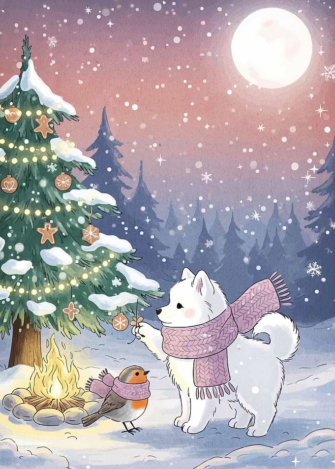 Winter Friends Decorating Christmas Tree