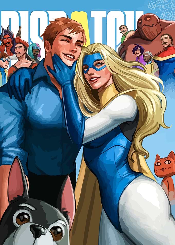Superhero couple with pets and friends