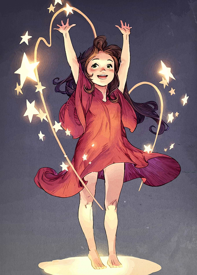 Girl Reaching for Stars Illustration