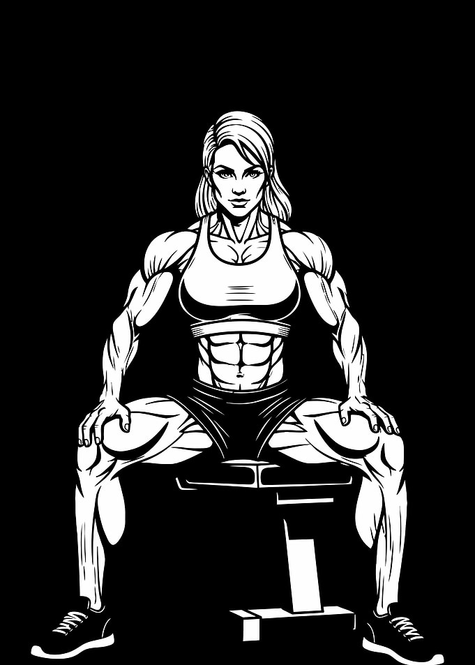 Female Bodybuilder on Bench, Black and White