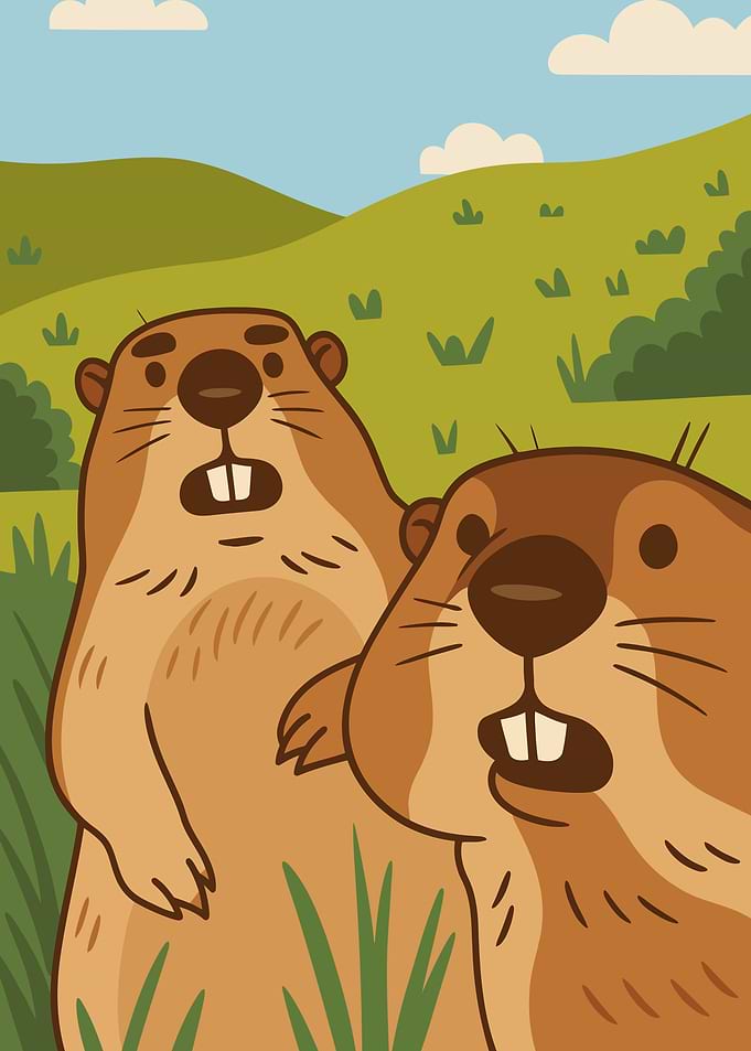 Cartoon Beavers in a Field