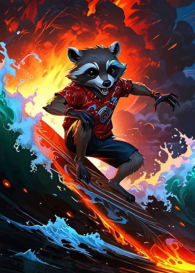 Surfing Raccoon on Fiery Waves