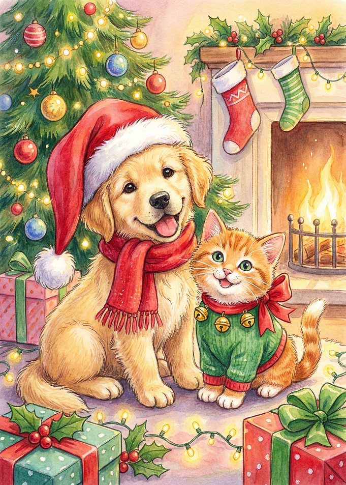 Christmas Pets by the Fireplace