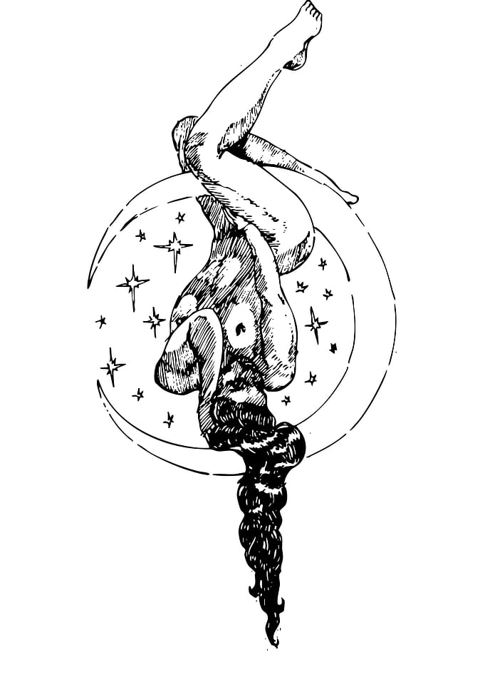 Woman on Moon Ink Drawing
