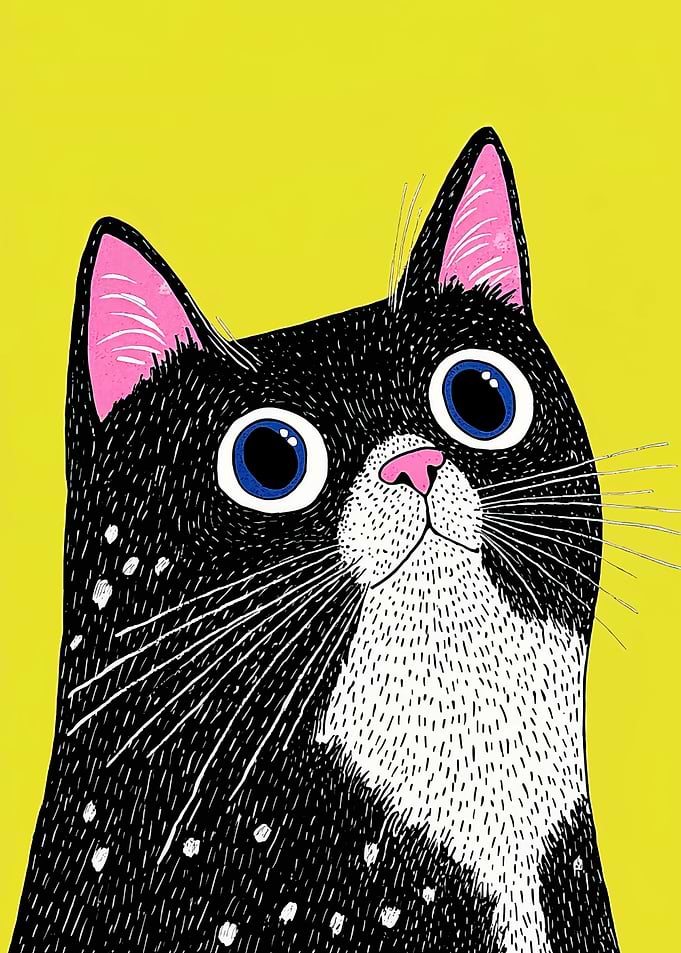 Cartoon Cat Portrait on Yellow Background