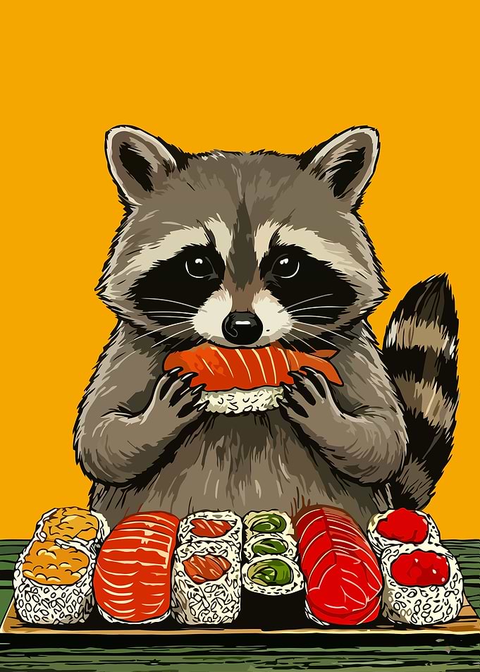 Raccoon eating sushi illustration