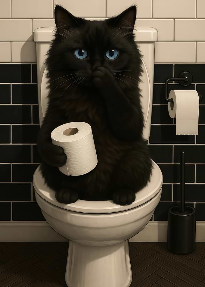 Black Cat on Toilet with Toilet Paper