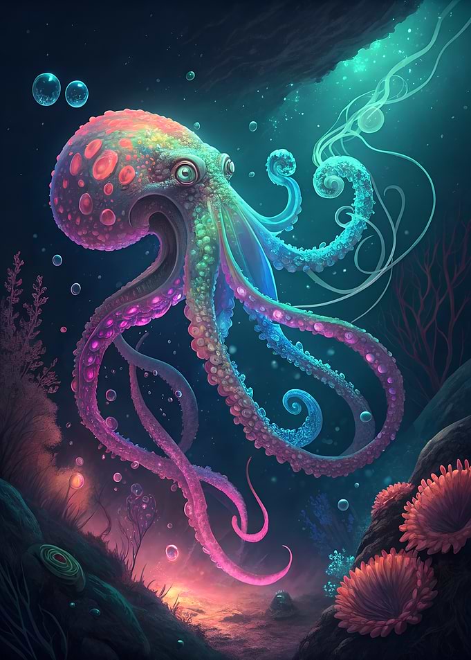 Colorful Octopus in Deep Sea