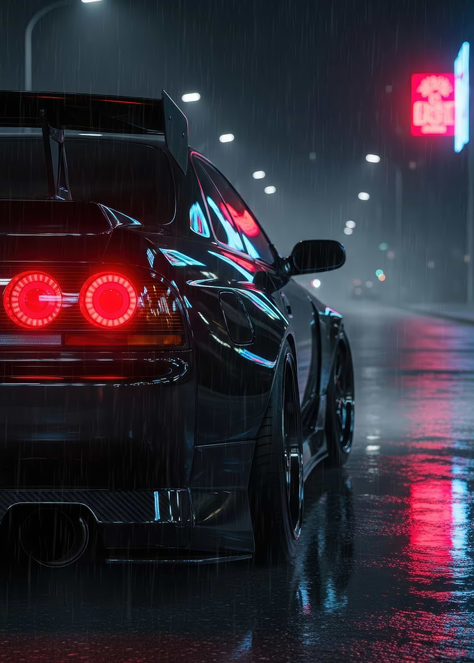 Sleek Black Car in Rainy Cityscape