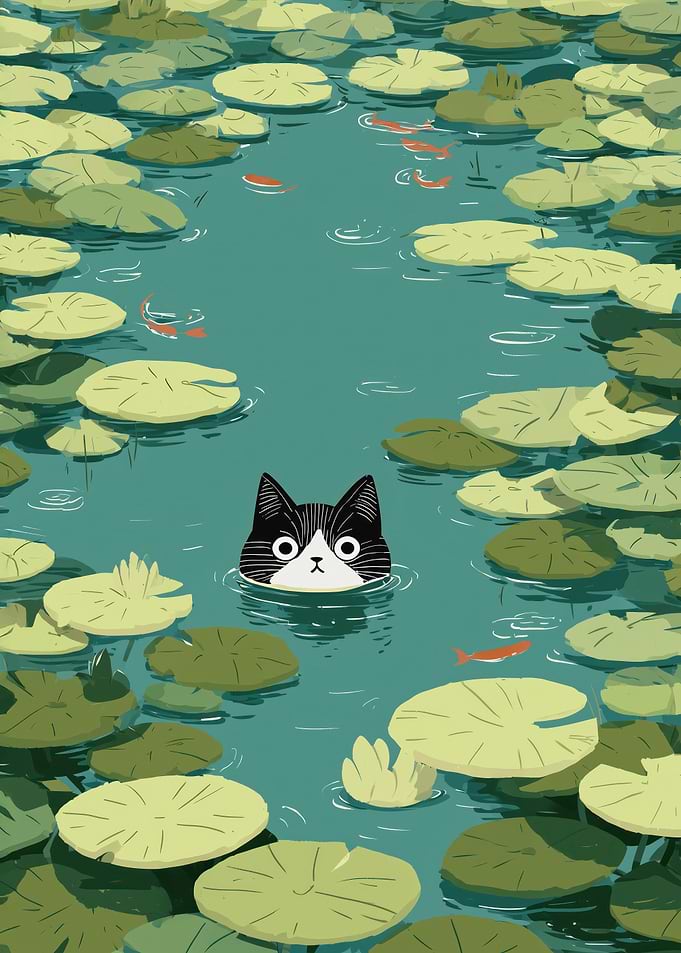 Cat in Lily Pond