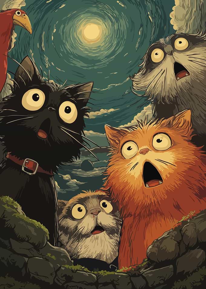 Surprised Cats and Bird Cartoon