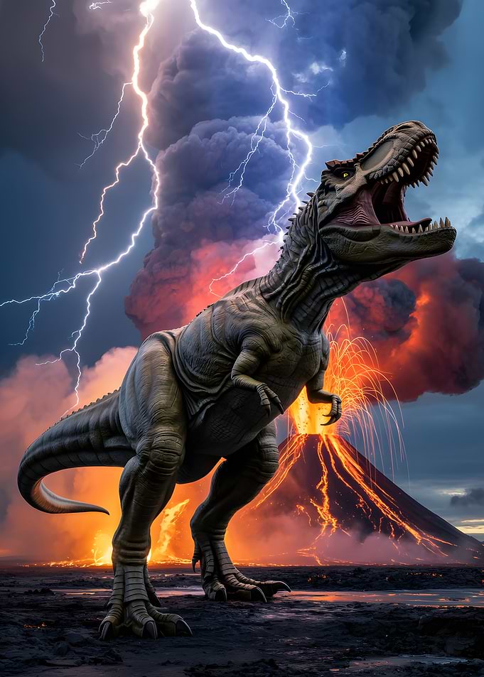 Tyrannosaurus Rex Roaring in Volcanic Landscape