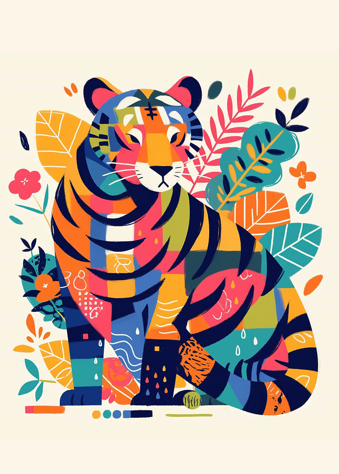Colorful Tiger Illustration with Floral Accents