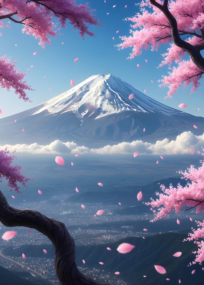 “Cherry Blossom View – Majestic Mountain Art”