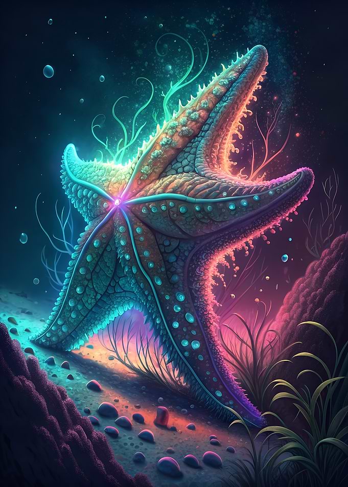 Neon Starfish Underwater Scene