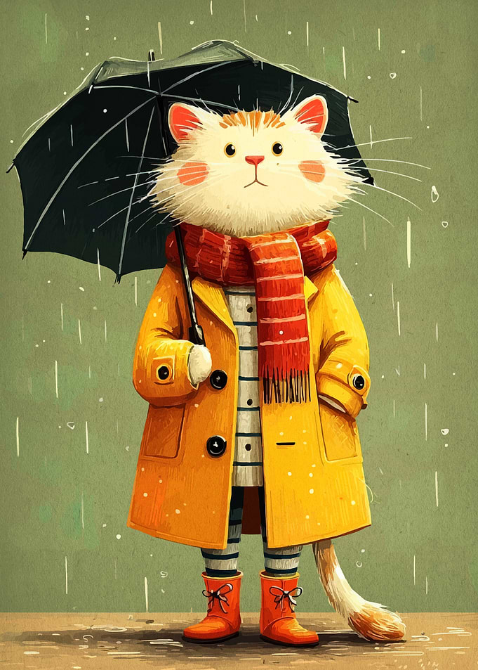 Cat in raincoat with umbrella