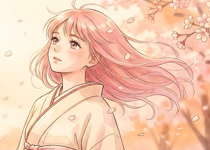 Anime Girl in Kimono with Cherry Blossoms