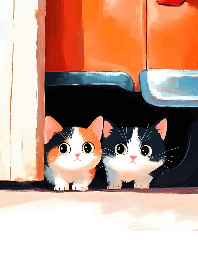 Two Cute Kittens Under a Car