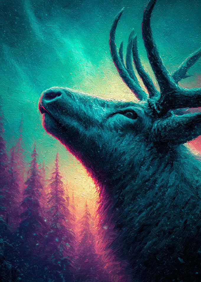 Majestic Teal Deer in Forest Painting