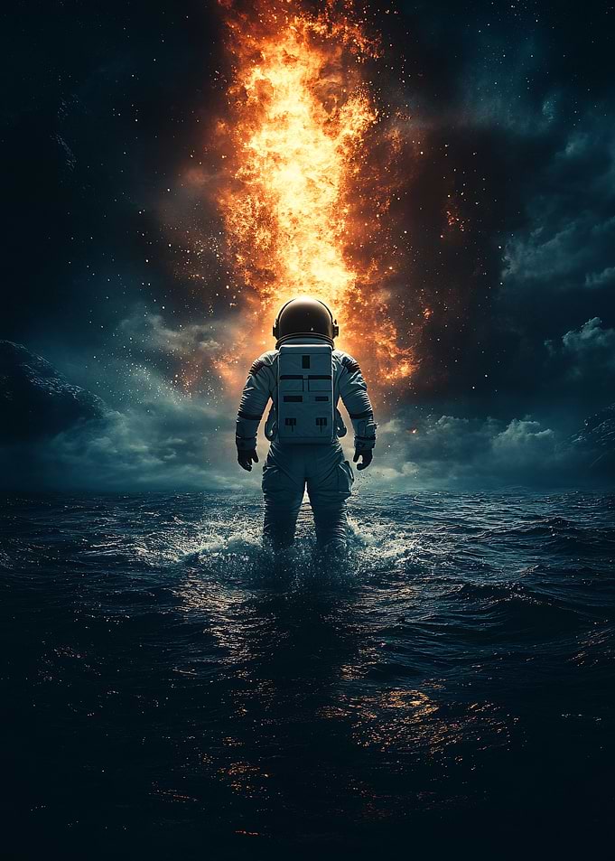 Astronaut in Ocean with Fiery Sky