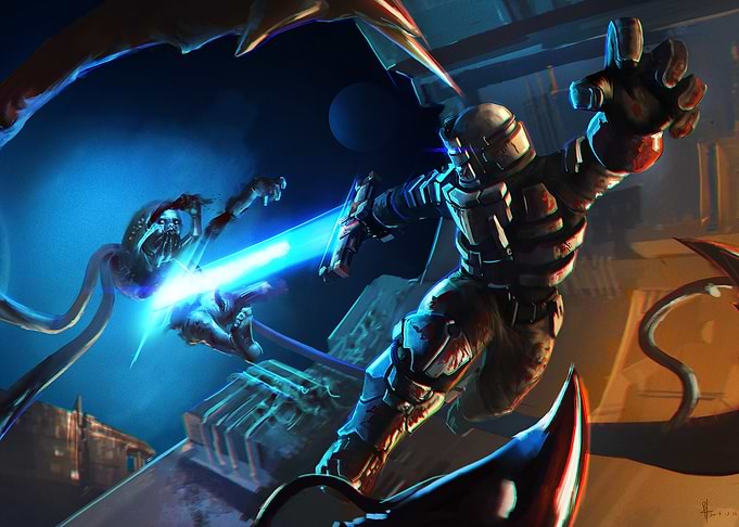 Sci-Fi Warrior Battling Alien Creature