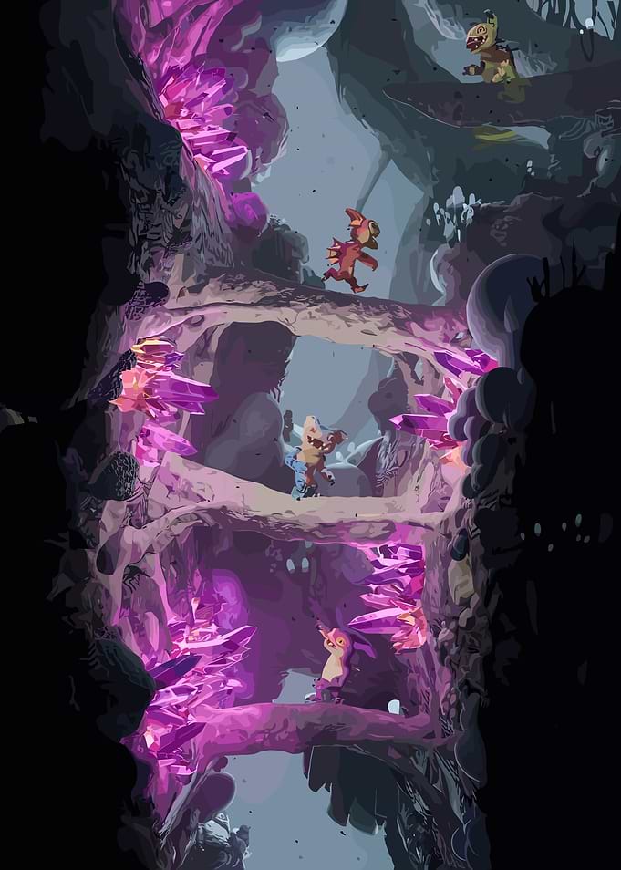 Fantasy Cave with Creatures and Crystals
