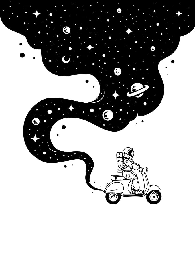 Astronaut on Scooter with Space Trail