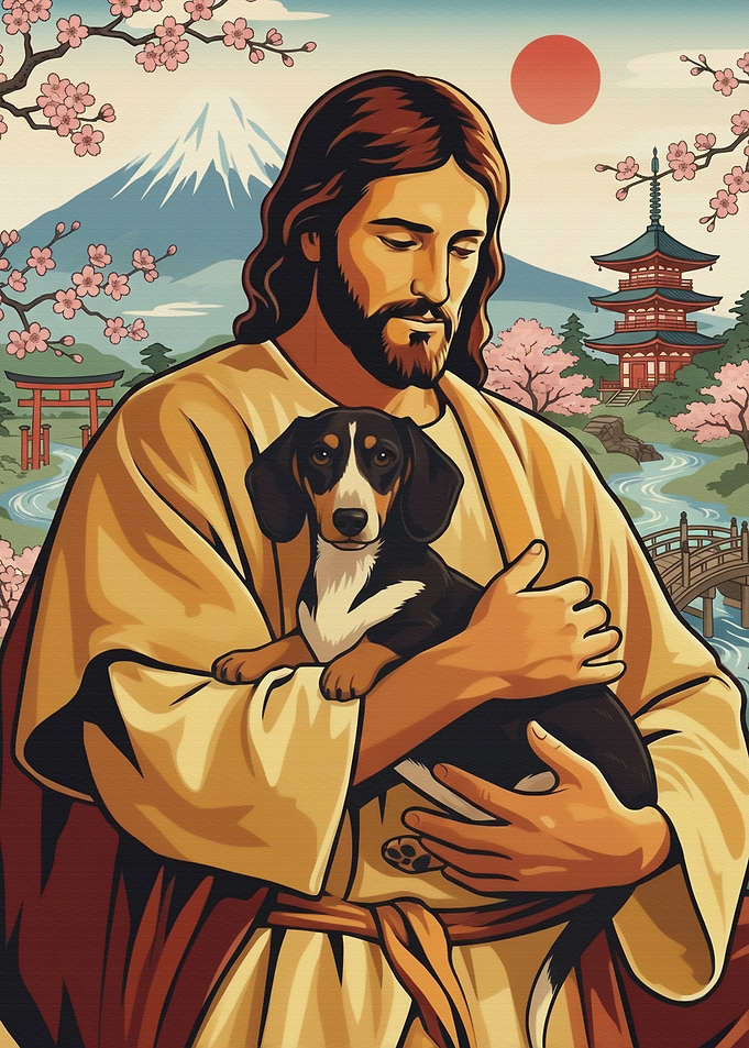 Jesus with Dachshund in Japanese Landscape