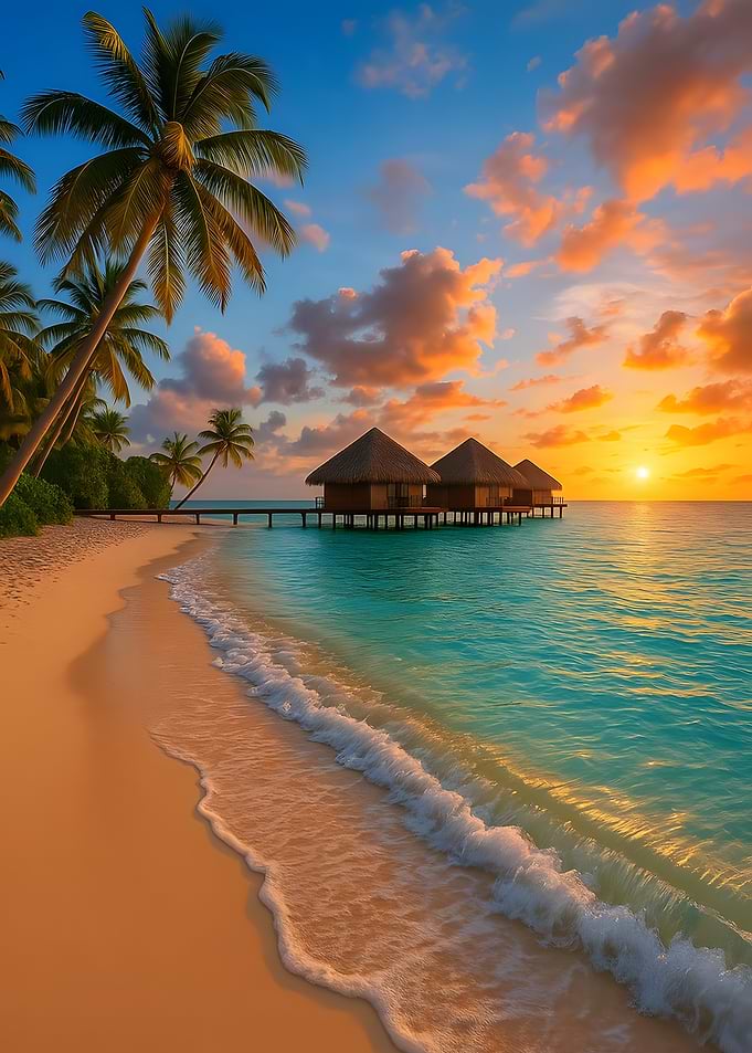 Tropical Beach Sunset with Overwater Bungalows