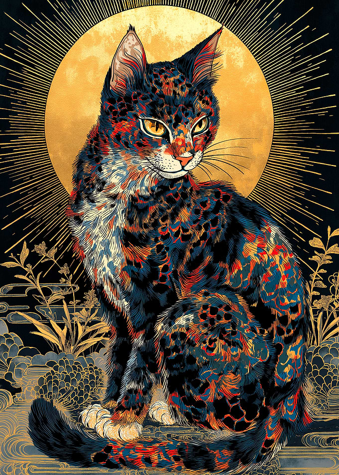 Ornate Cat Portrait with Golden Moon