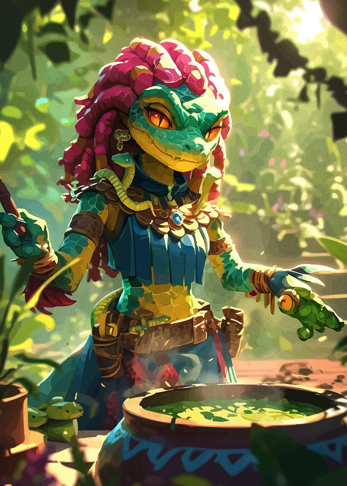 Anthropomorphic Snake Witch Brewing Potion