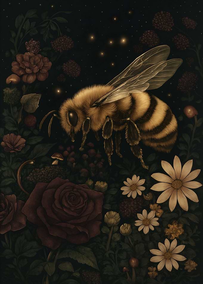 Bee in a Dark Floral Garden