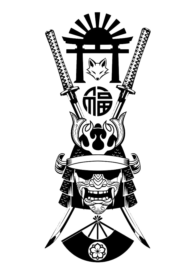 Samurai Helmet with Swords and Symbols