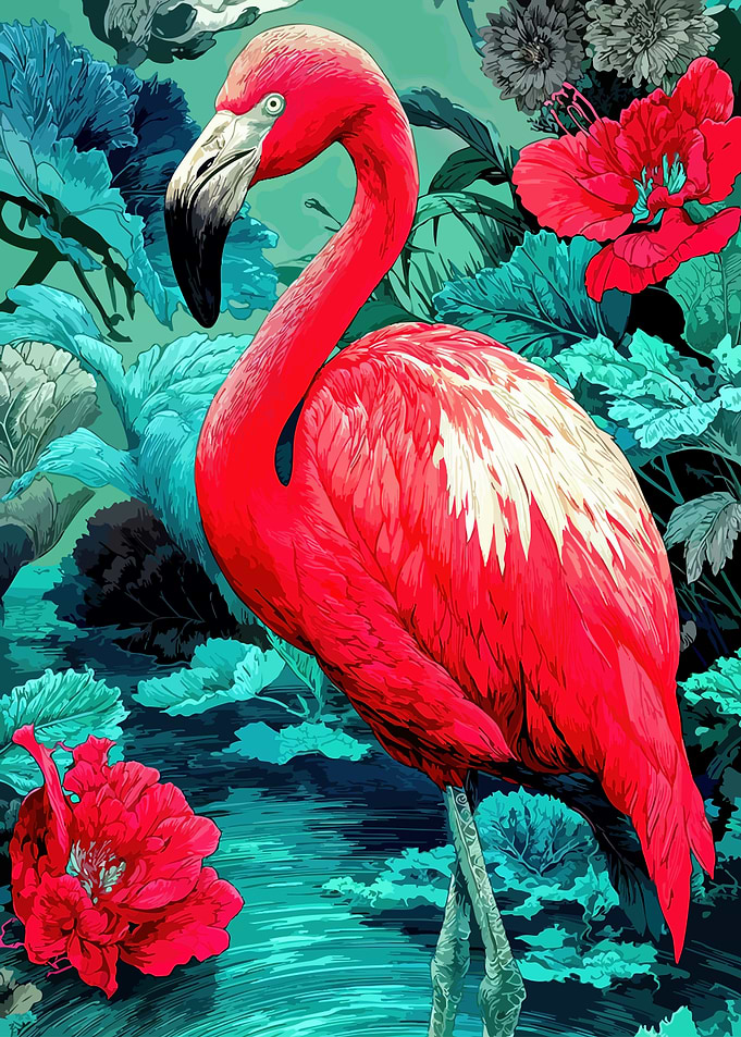 Vibrant Flamingo in Floral Setting
